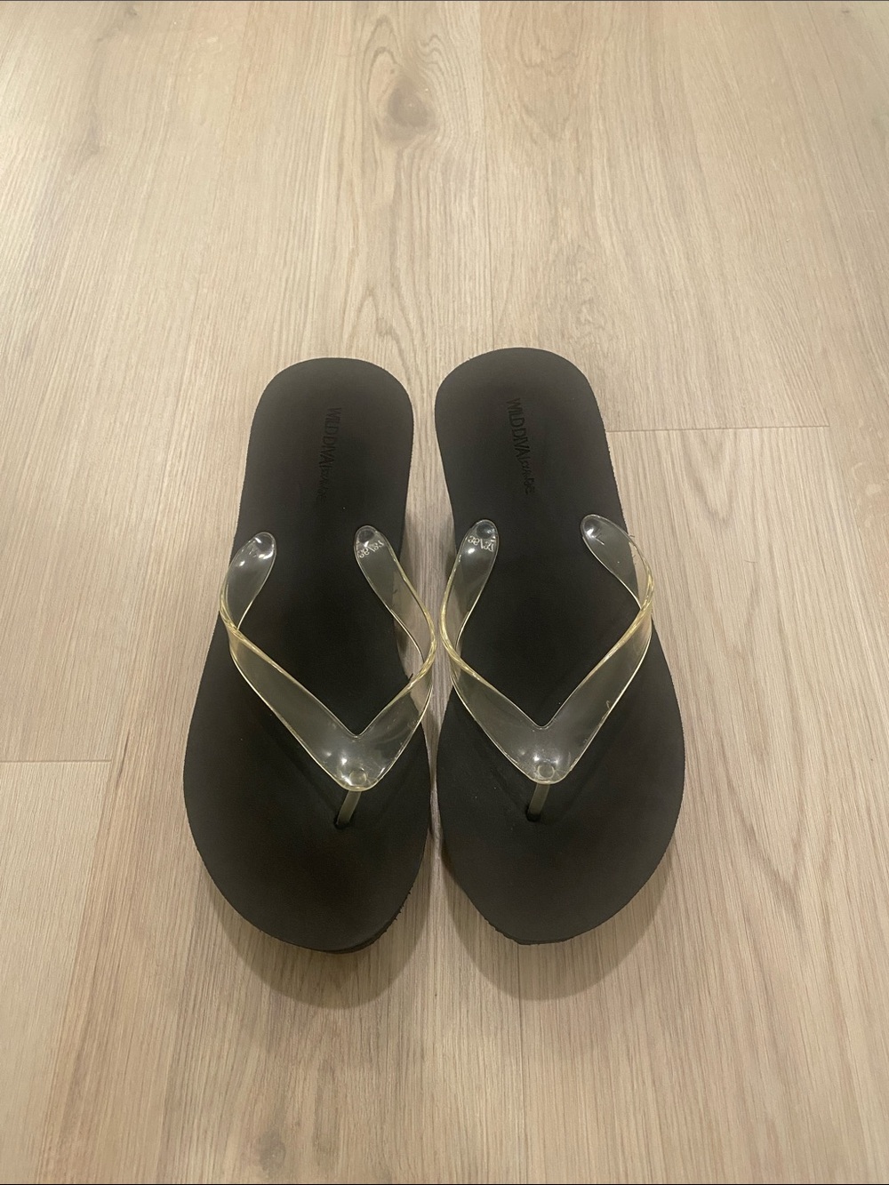 Fashion Nova Black Flip Flop Sandals with Clear Gold-Tinted Straps